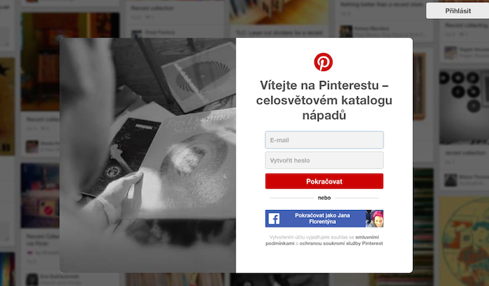 registrace na Pinterestu
