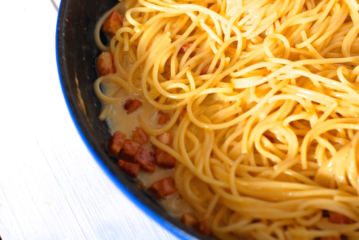 špagety carbonara v pánvi